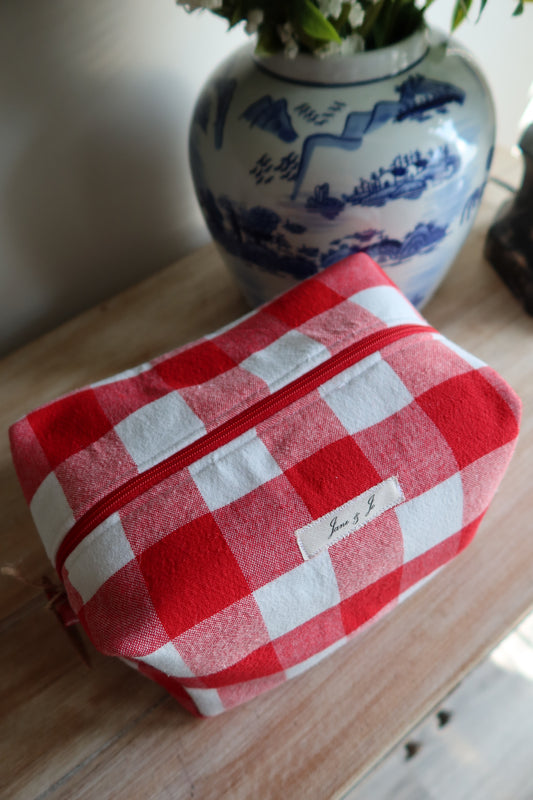 Red Check Boxy Makeup Bag