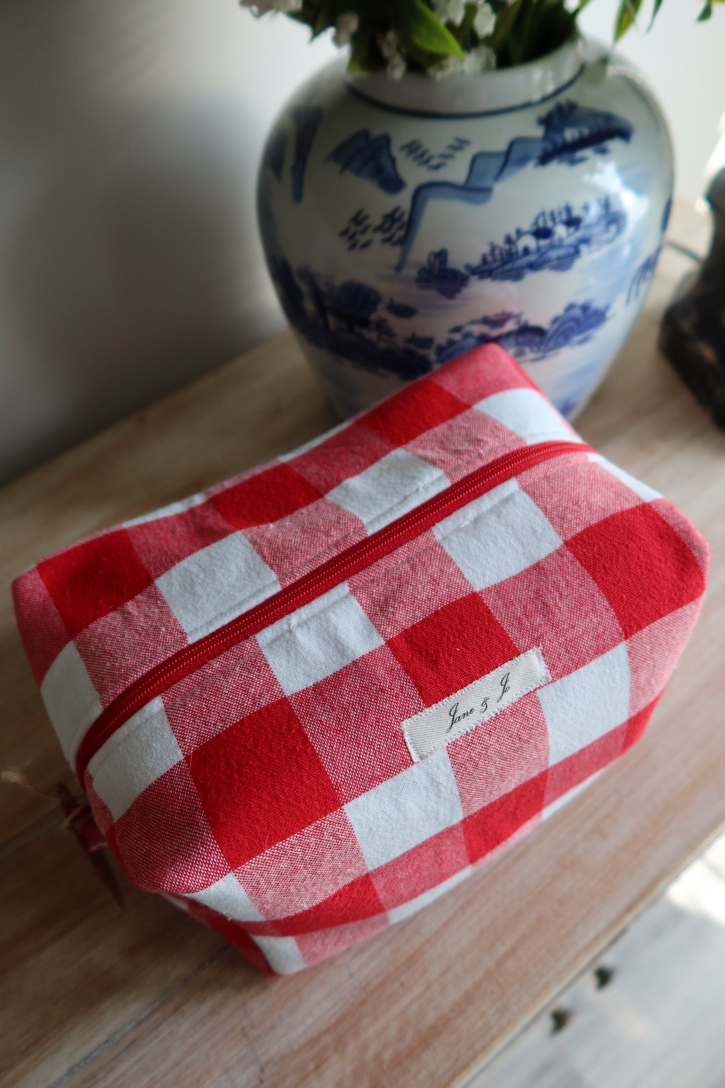 Red Check Boxy Makeup Bag