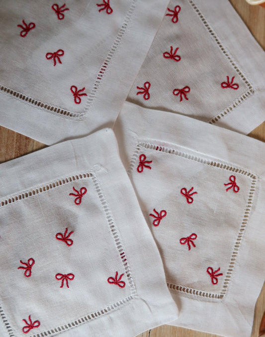 Red Bow Embroidered Cocktail Napkins- Set of 4